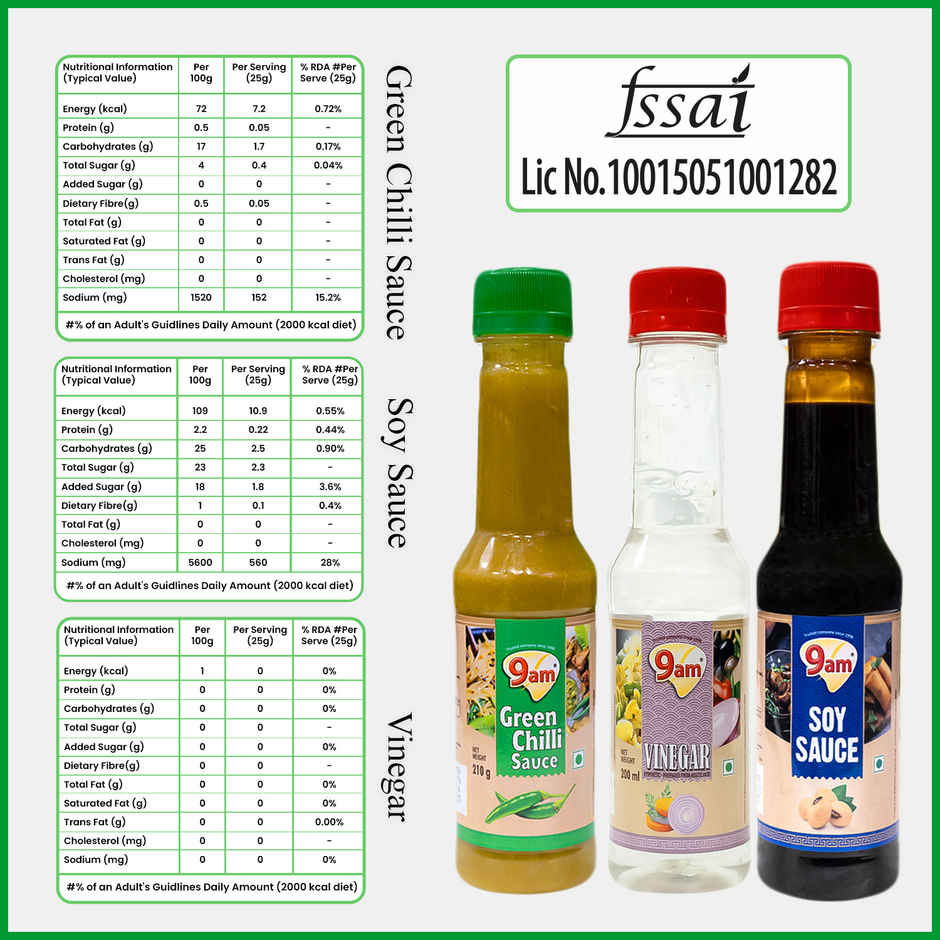 9am Soya Sauce + Green Chilli + Vinegar Combo, Cooking Essentials Pack