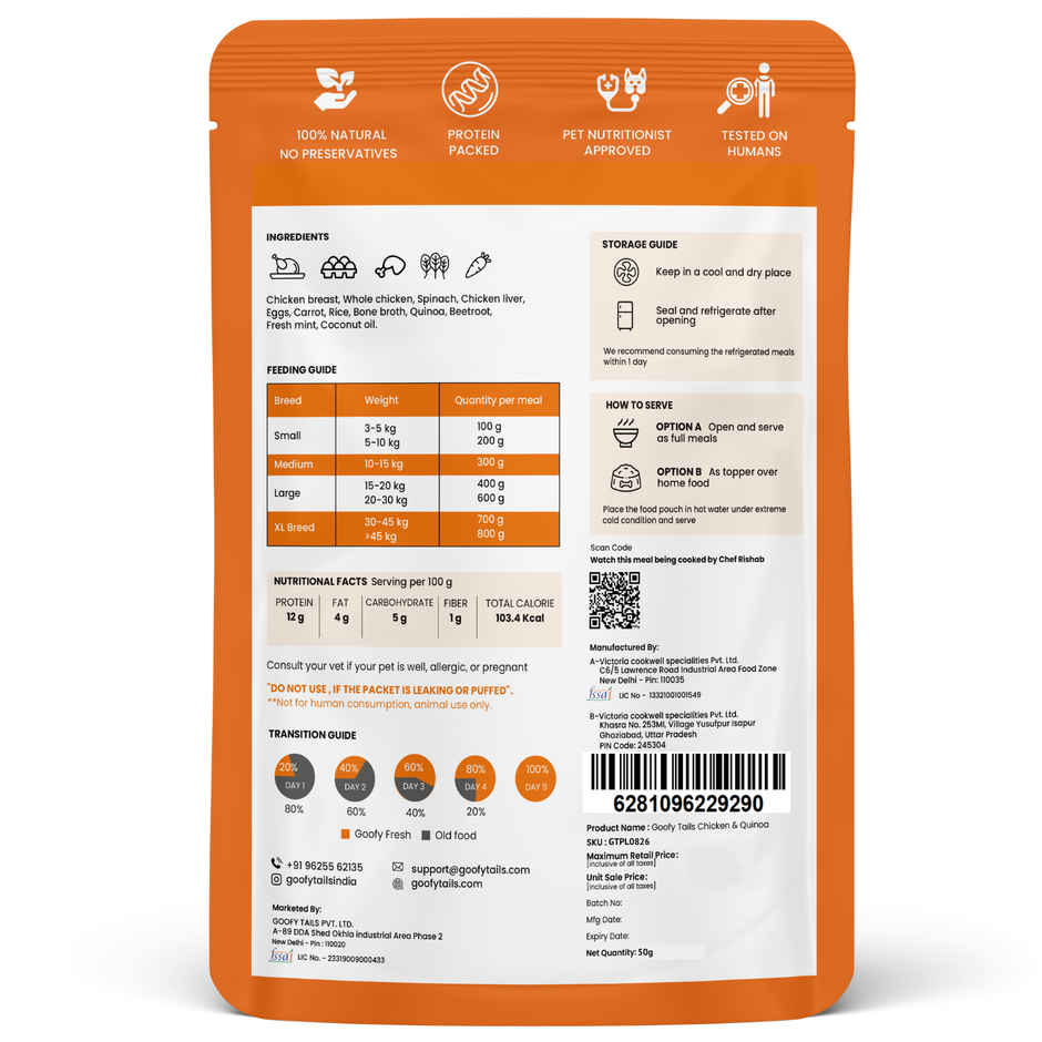 Goofy Tails Chicken & Quinoa Fresh Dog Food | Gluten Free | Wet Dog and Puppy Food