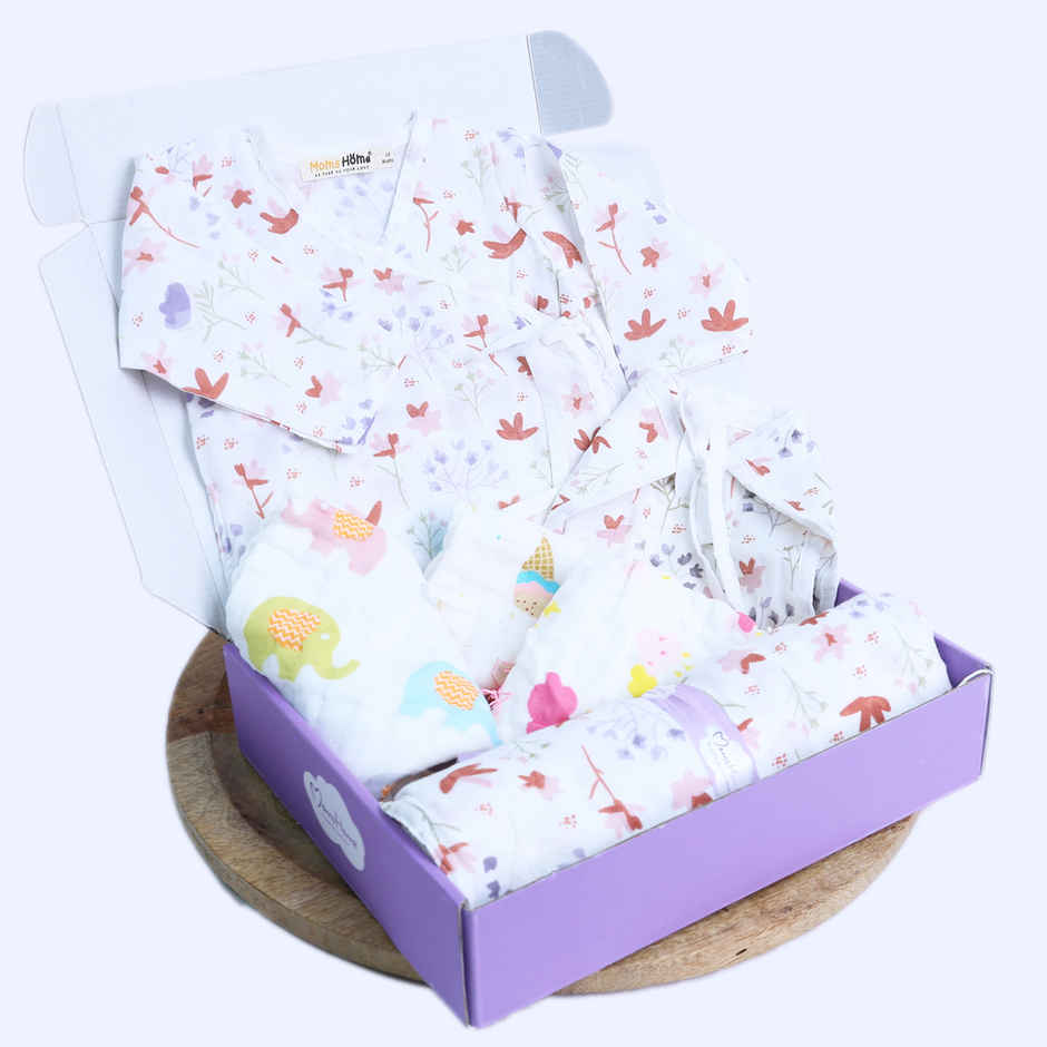 Moms Home Organic Cotton Muslin Gift Combo Set For Newborn Baby | Pack Of 6 | Blossom