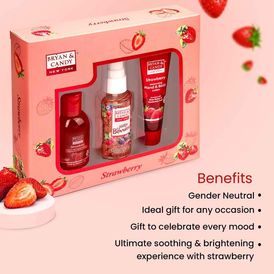 Bryan & Candy Strawberry Bath Kit|Shower Gel|Fragrance Mist|Hand-Body Lotion|Pack Of 3