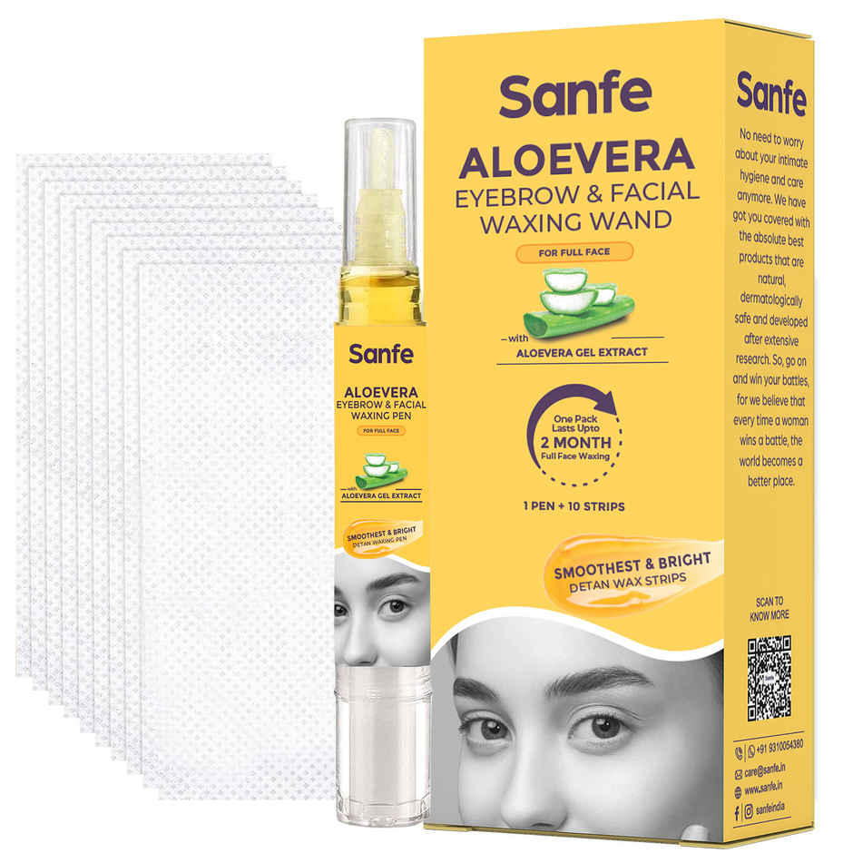 Sanfe Eyebrow & Facial Wax Pen | Aloe Vera for Easy Hair Removal | 1 Pen + 10 Strips