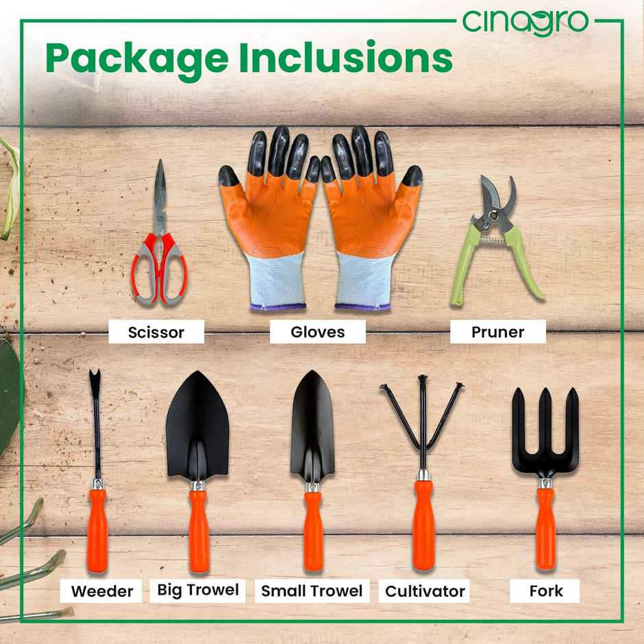 Cinagro Garden Tools - 8 Pcs, Weeder, 2 Trowels, Hand Fork, Cultivator, Scissors, Pruner, Gloves