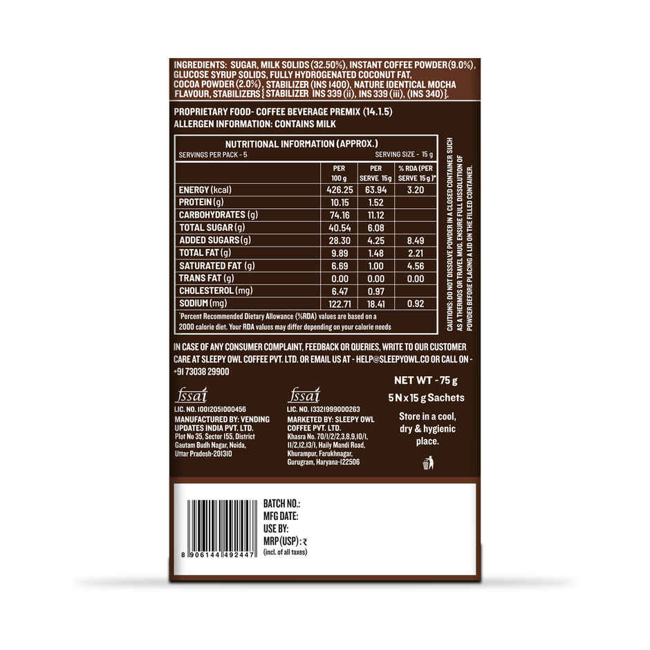 Sleepy Owl Belgian Mocha Medium Roast Coffee Premix Sachets