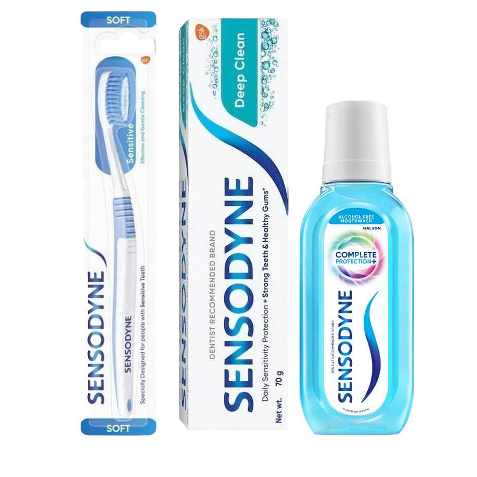 Sensodyne Toothpaste Deep Clean, Sensitive Tooth Paste For Advanced Cleaning And Lasting Freshness (70g) & Sensodyne Complete Protection+ Mouthwash (250ml) & Sensodyne Sensitive Toothbrush With Soft Round Bristles - Assorted (1pc) Combo
