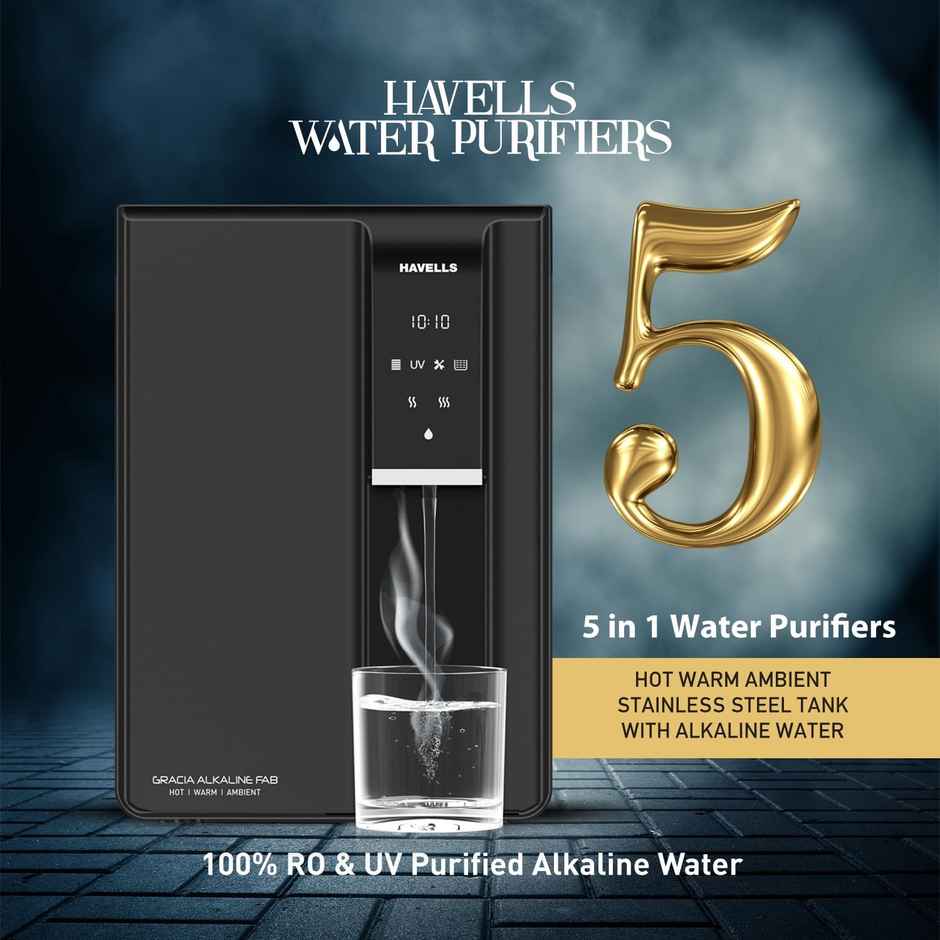 Havells Gracia Fab Alkaline Water Purifier (Black), Ro+Uv+Alkaline, 8 Stage Purification