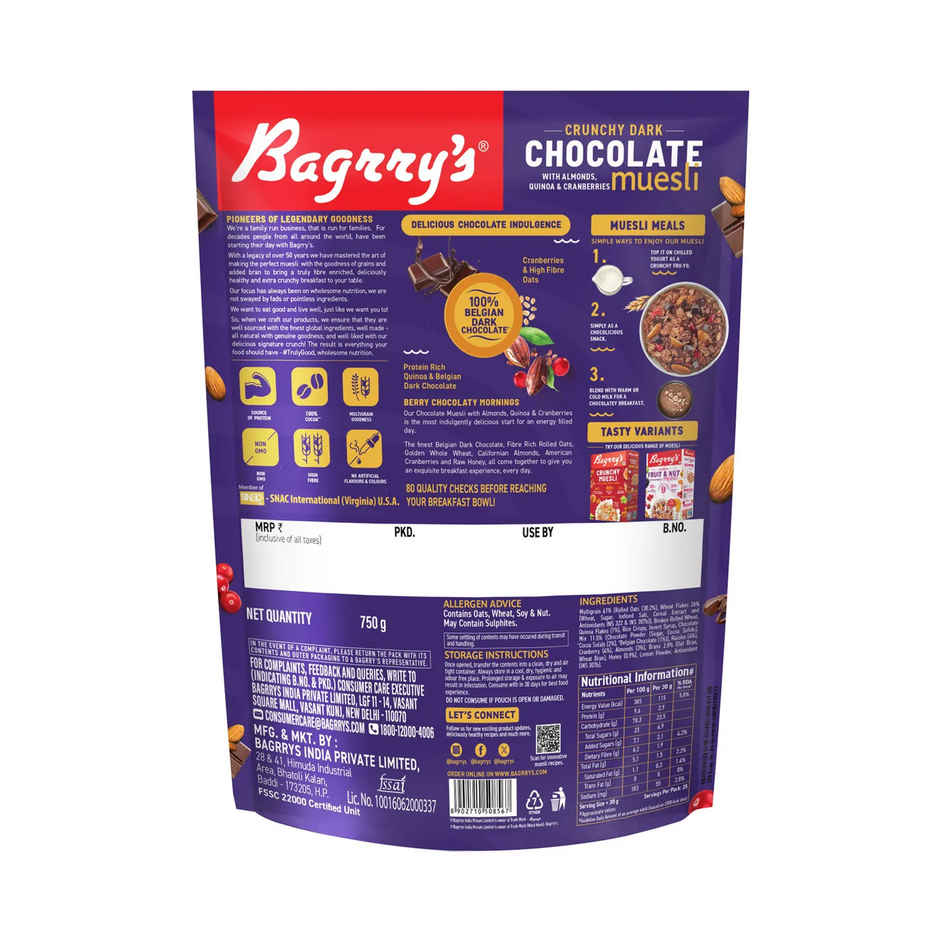Bagrrys Crunchy Dark Chocolate Muesli with Almond Quinoa & Cranberries Pouch