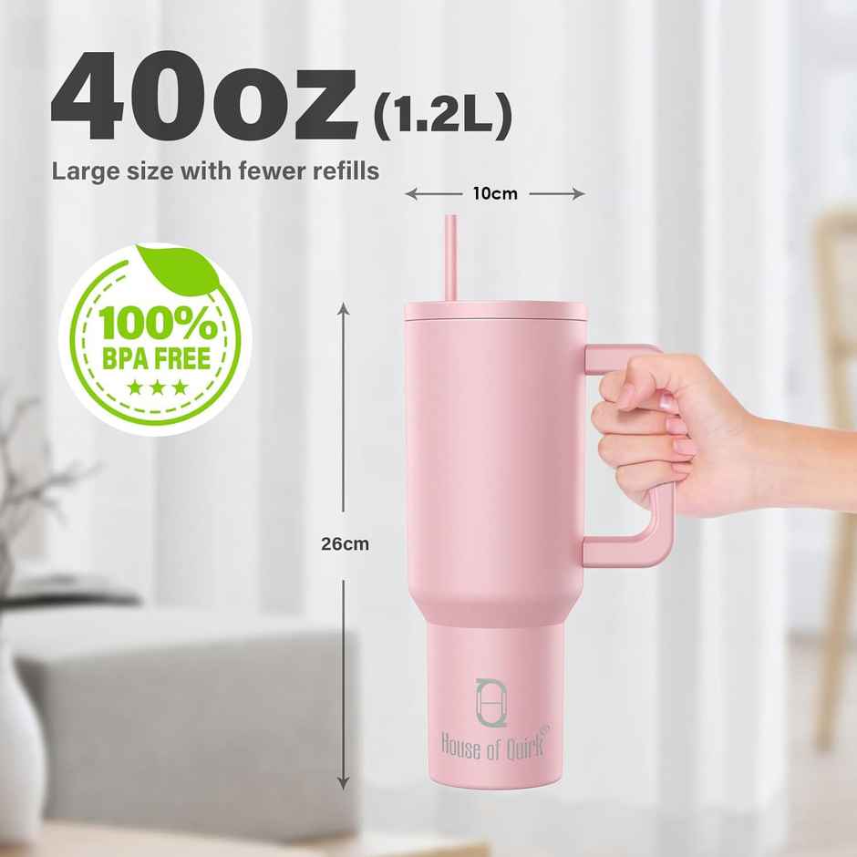 House of Quirk Stainless Steel Tumbler with Handle & Lid, 2 Straws | Misty Rose - 1200 ml