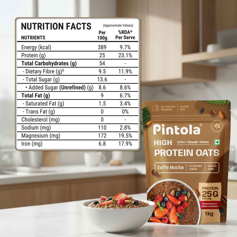 Pintola 25G High Protein Oats | Caffe Mocha - No Refined Sugar - With Almonds & Raisins