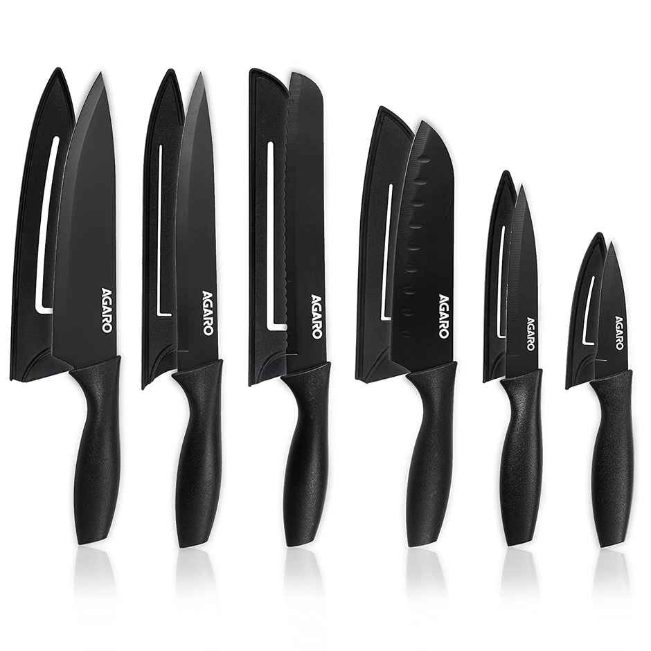 Agaro Royal 6 Pcs Kitchen Knife Set With Covers, High Carbon Stainless Steel Black Colour Coated