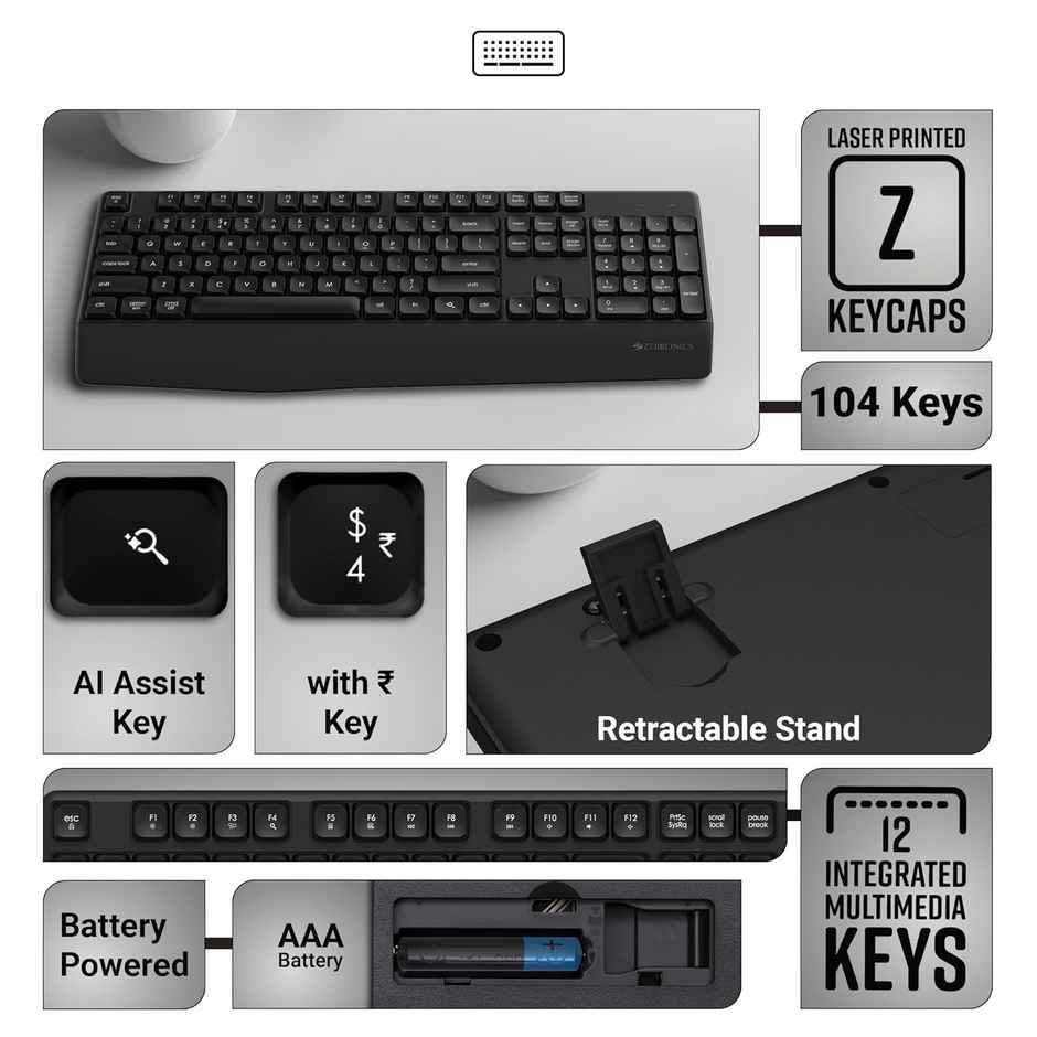 Zebronics Companion 202 Wireless Keyboard & Mouse Combo | Copilot Ai Key | 4 Button Mouse | Black