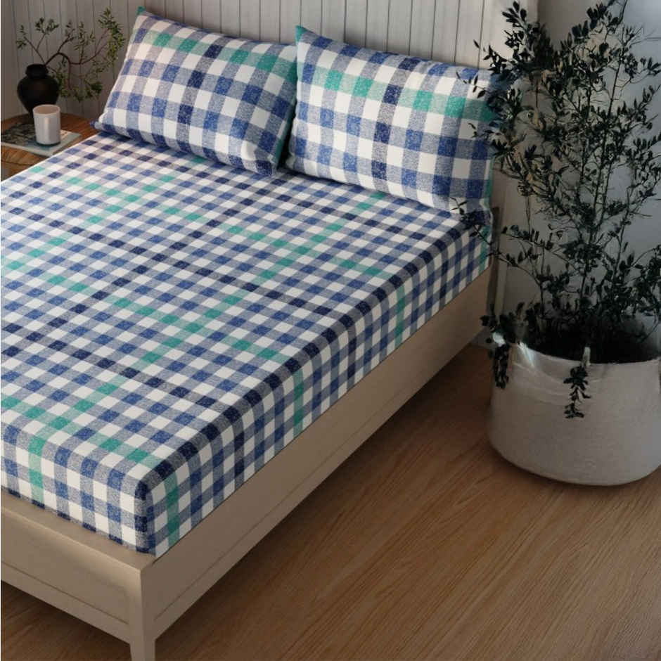 Kopa Extra Smooth Cotton Double Bedsheet With 2 Pillow Covers | Set of 3 | Lopez Checks | Blue