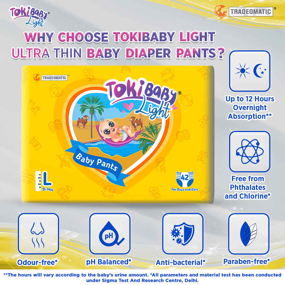 TokiBaby Light Ultra Thin Pull Up Baby Diaper Pants | Size L | 12 - 17 Months | Pack Of 42