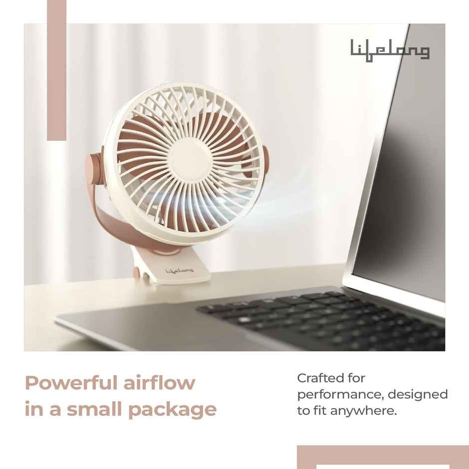 Lifelong Mini USB Fan, 3 Speeds, 2000 mAh Battery , Silent, Type-C, 5Hr Backup | Mocha Brown
