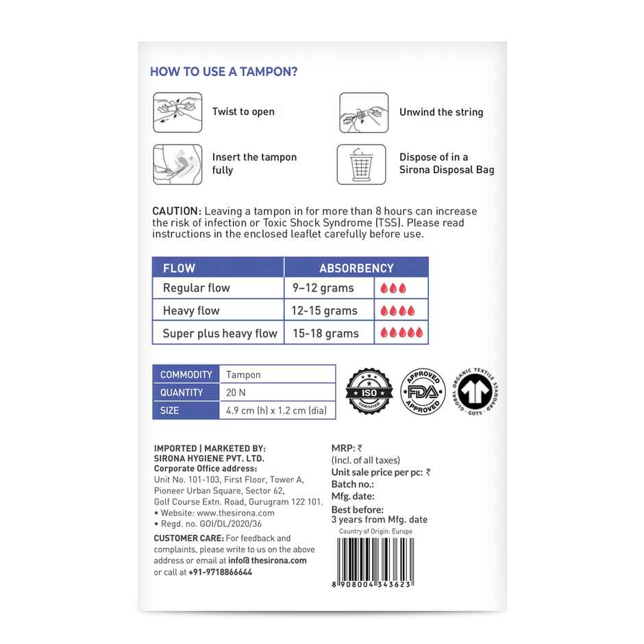 Sirona Regular Flow Tampons | Organic Cotton Core | Ultra-High Absorbency | Leak-Proof Protection