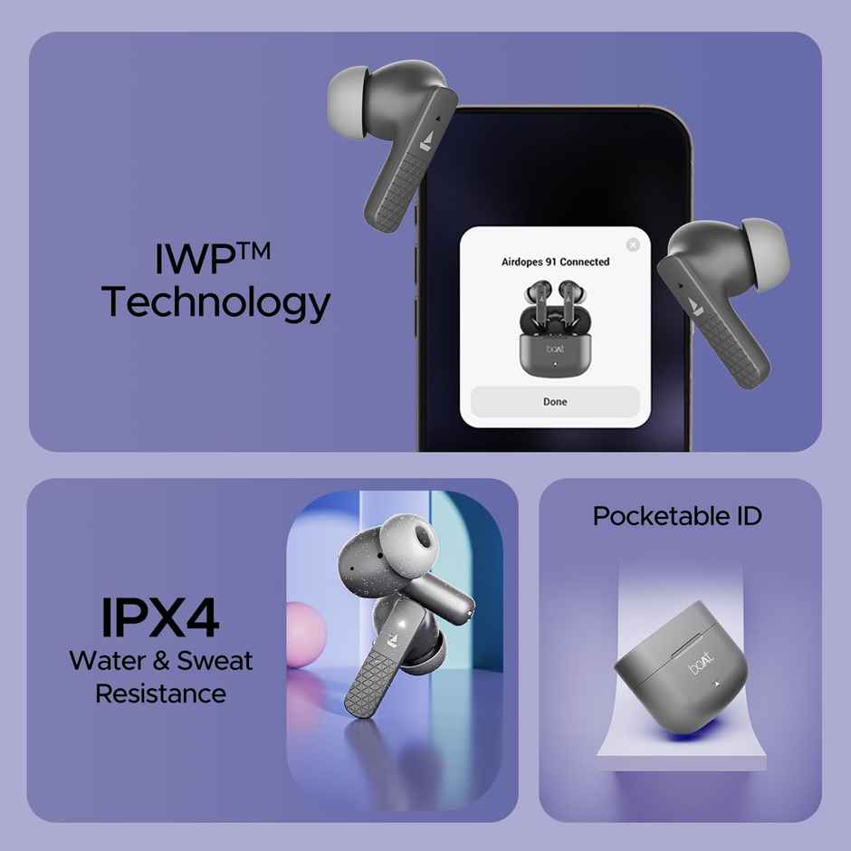 boAt Airdopes 91 TWS Earbuds with 45H Playtime, Dual Mics w/ ENx & BEAST Mode (Mist Grey)
