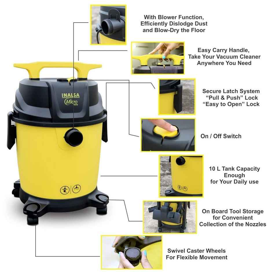 INALSA Wet and Dry Vacuum WD 10 ltr Capacity,1200 W, 17 kPa Suction , Blower Function, , HEPA Filter