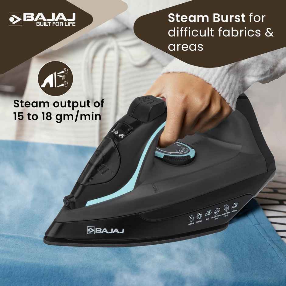 Bajaj MX 45 Steam Aluminium 2000 Watts Soleplate Steam Iron, Non Stick German Coated Technology, 220 Ml Water Tank Capacity - Black & Grey