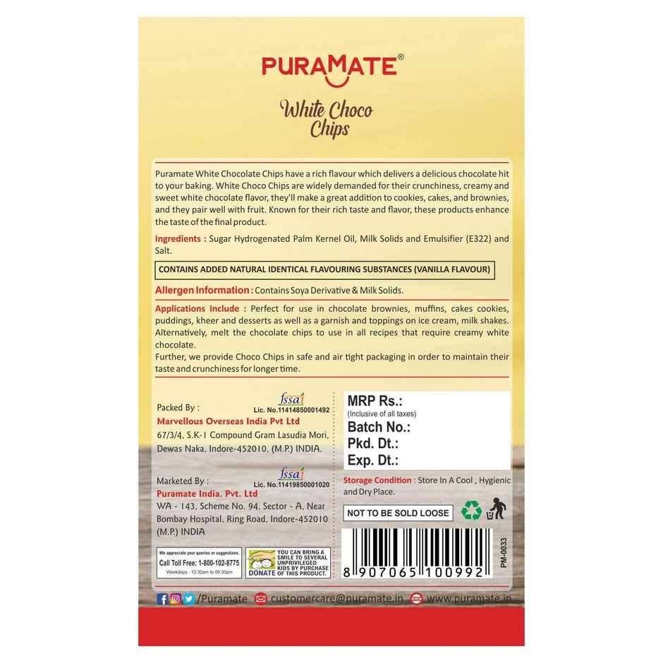 Puramate White Choco Chips | Smooth Melt for Decorating & Baking | Puramate