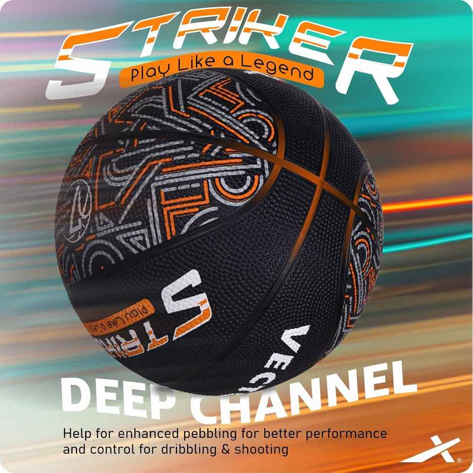 Vector X 8 Panel Striker Rubber Moulded BasketBall with Needle | Size - 7 | Black-Orange