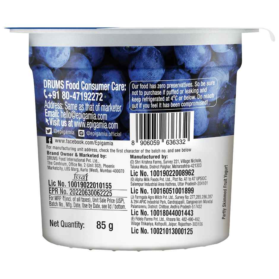 Epigamia No Added Sugar Blueberry Yogurt