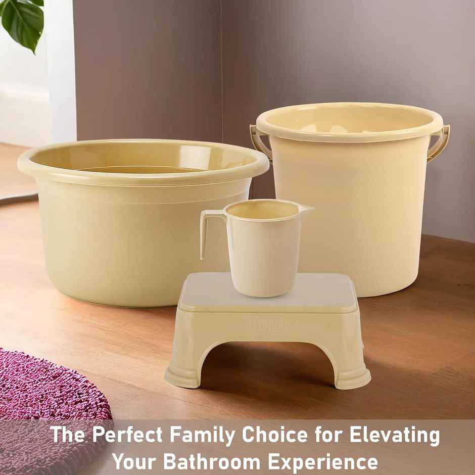 Kuber Industries Tub-Bucket with Mug & Stool Bathroom Combo Set|Set of 4|Beige