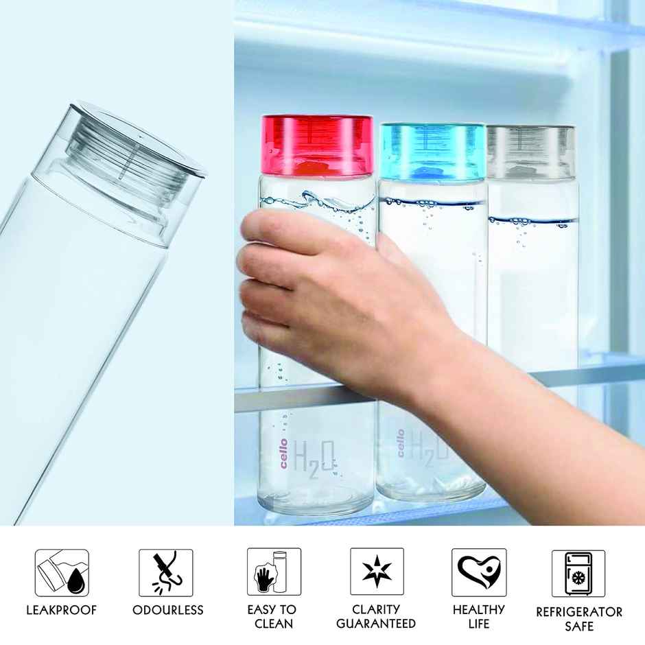 Cello Glass H2O Fridge Water Bottle with Plastic Cap | Black | 920 ml