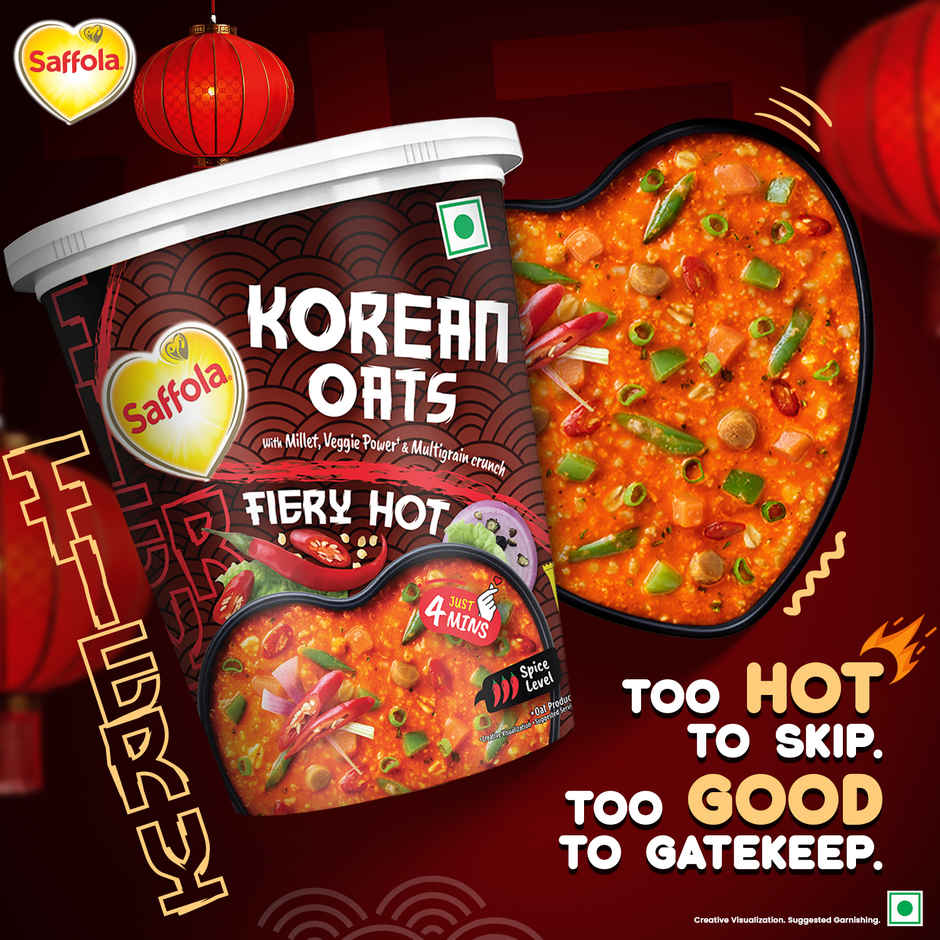 Saffola Foods Korean Cuppa Oats | Fiery Hot with Chilli Dressing Sachet | Ready in 4 mins