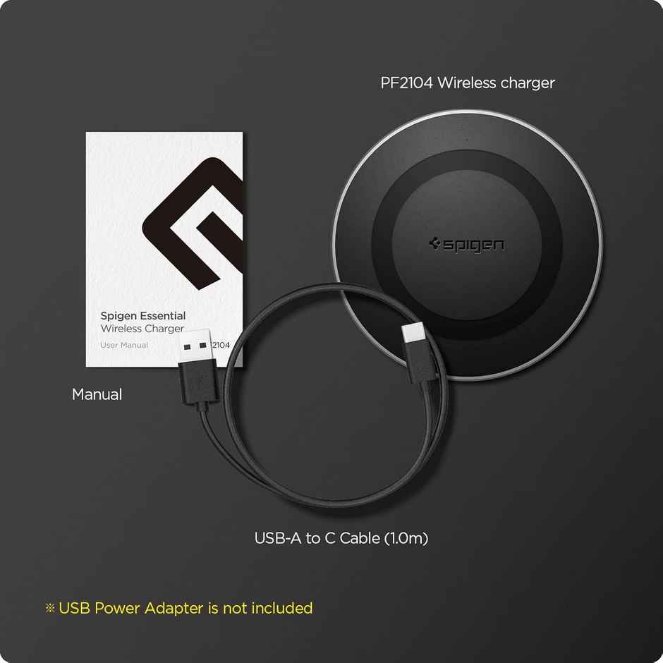 Spigen Wireless Charger for iPhone 17/16/15/13/12/11 Series, Samsung Galaxy S25/S24/S23/S22/S21/S20, OnePlus with USB-A to C Cable - Black