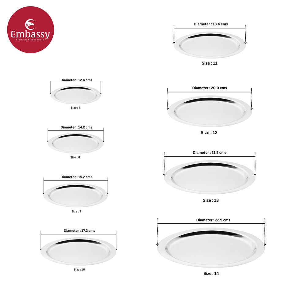 Embassy Utensils Lids / Tope Cover, Set Of 8 (12.4, 14.2, 15.2, 17.2, 18.4, 20, 21.2, 22.9 Cms), Ss