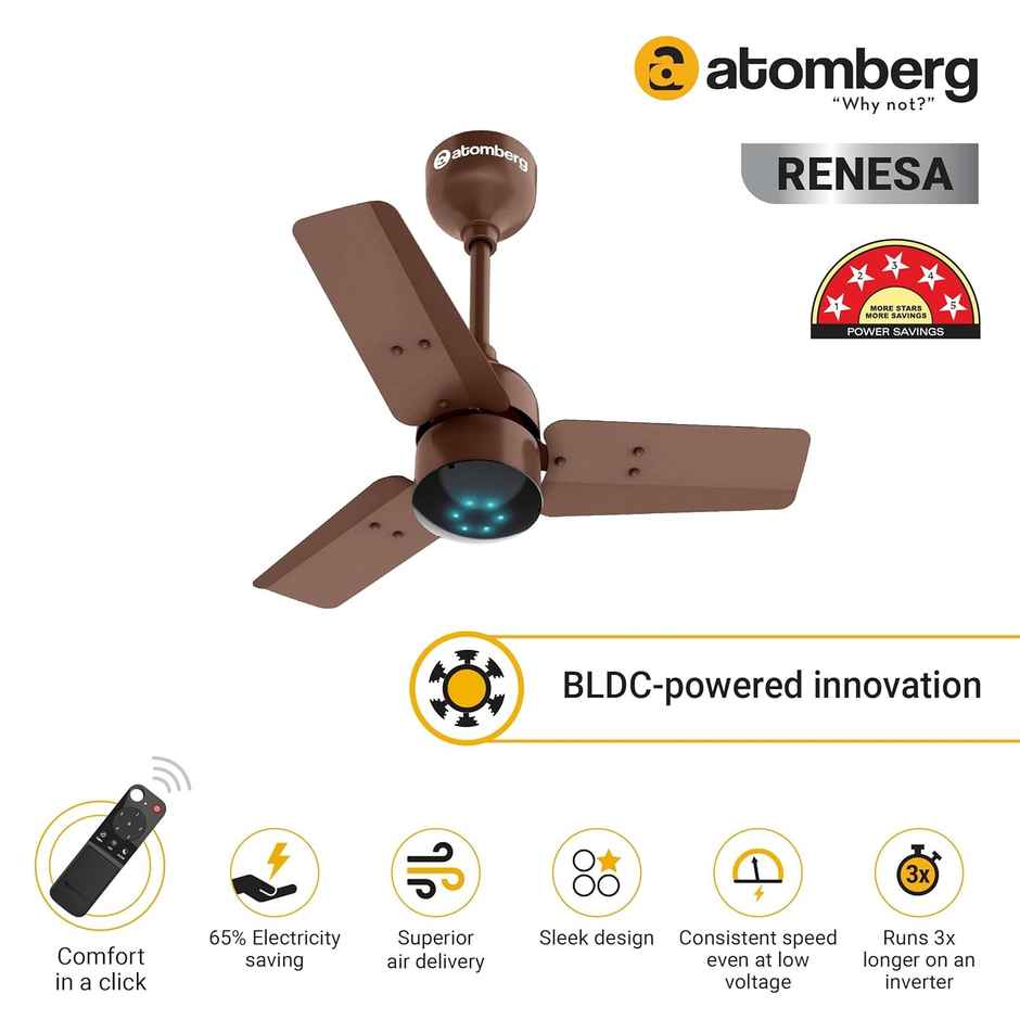 Atomberg Renesa BLDC Ceiling Fan,600mm,Remote Control,BEE 5 Star Rated,LED Indicators,Matte Brown