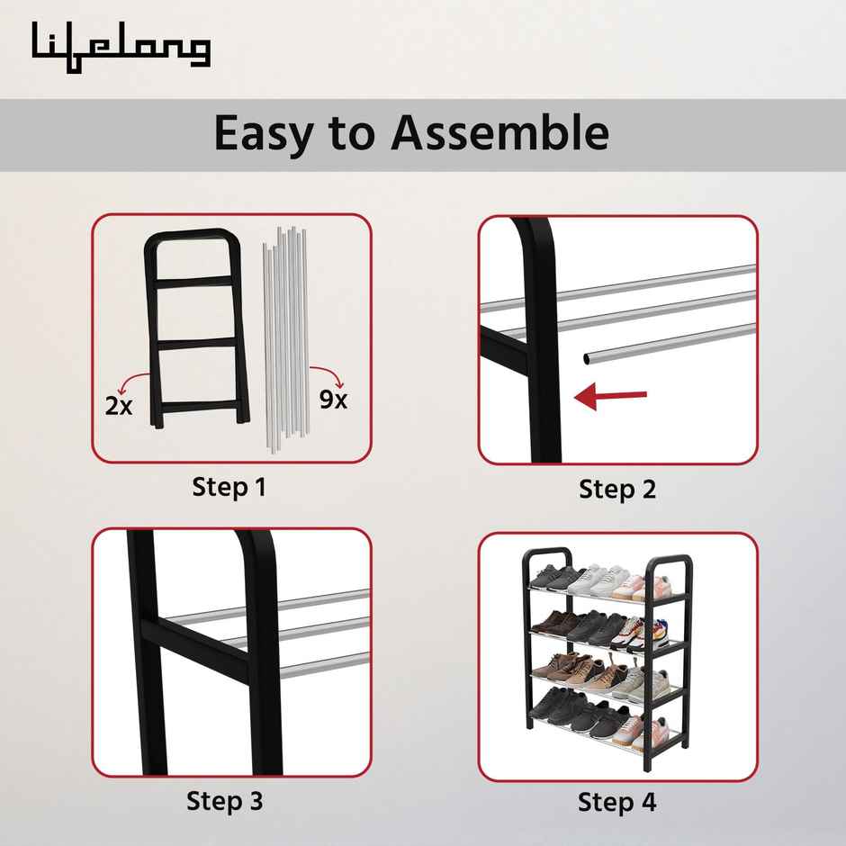 Lifelong Shoe Rack for Home | 4-Tier | Ideal for 12 Shoe Pairs | Space Saving | Chrome Finish