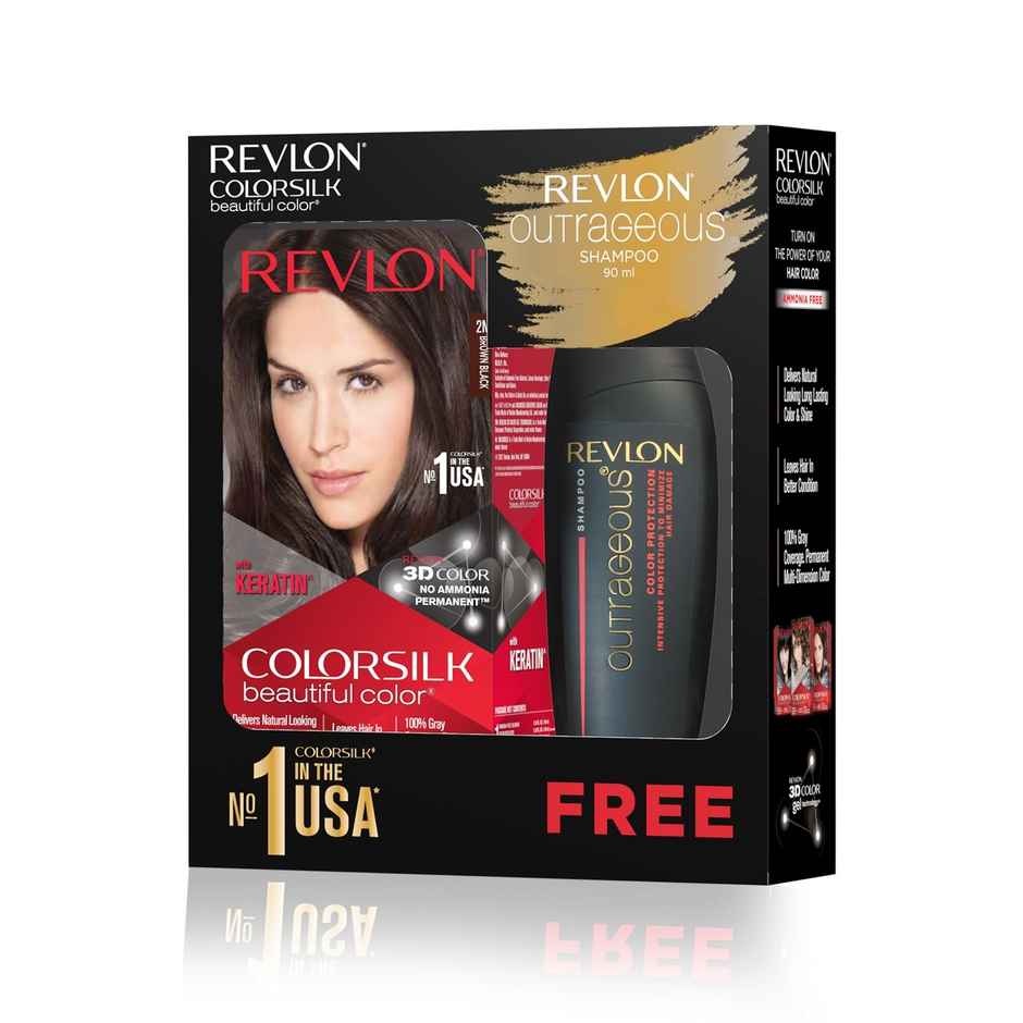 Revlon ColorSilk Hair Color with Keratin - 2N Brown Black - (with Outrageous Shampoo 90 ml)