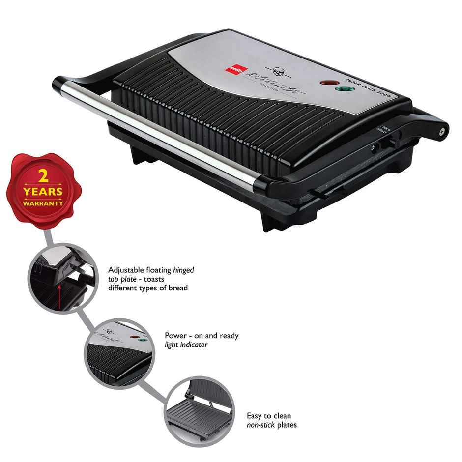 Cello Super Club 200+ (Sc-200+) 750-Watt Non-Stick Sandwich Maker | Grill Plate | Black & Silver