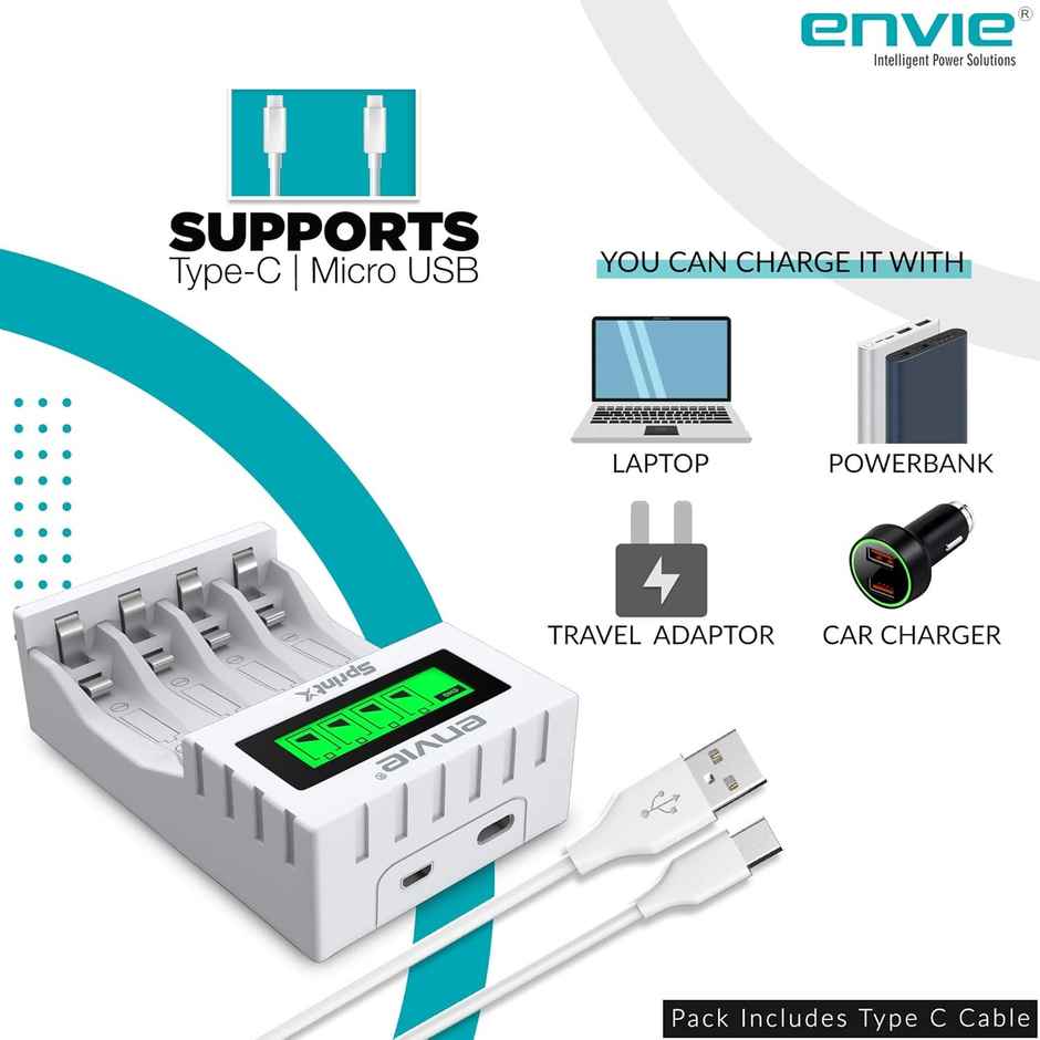 Envie (ECR11MC) SprintX Ultra Fast Battery Charger for Rechargeable Batteries AA & AAA Ni-mh, with LCD Display Indicator, Smart Charge Control System, Charge 2 or 4 Batteries at a Time