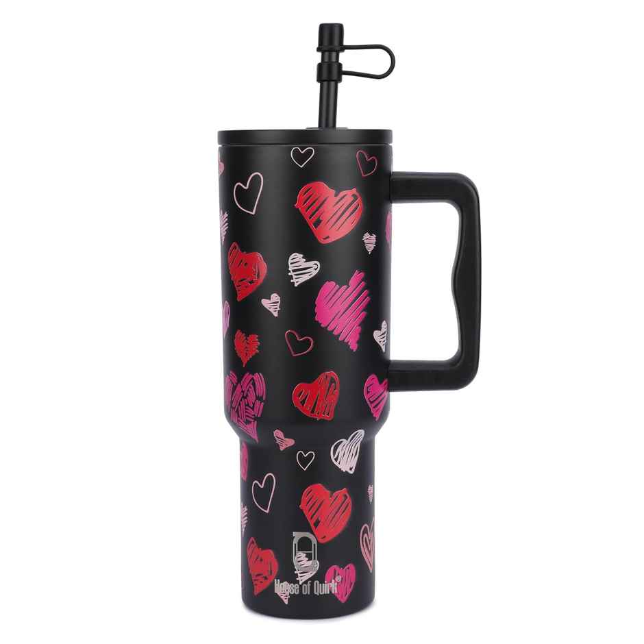 House of Quirk Stainless Steel Tumbler with Handle & Lid, 2 Straws | Black Heart - 1200 ml