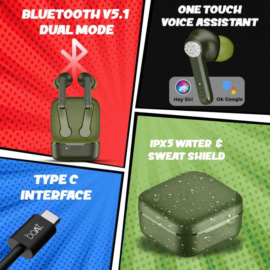 boAt Airdopes 458 TWS Earbuds W/ Spatial Bionic Sound by Thx, in Ear Enx Tech(Olive Green)