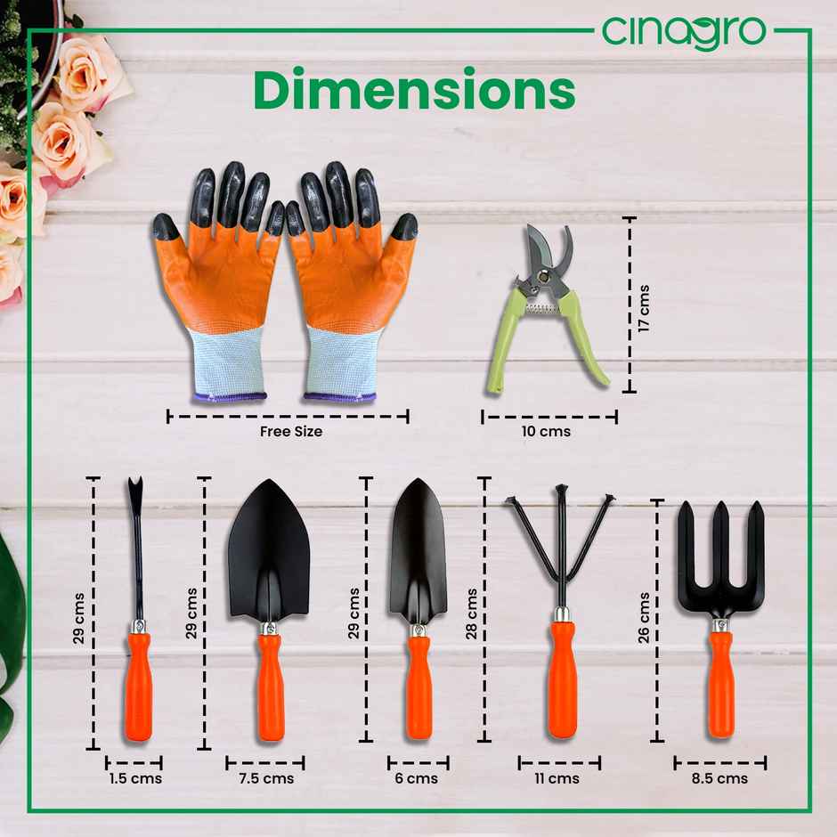 Cinagro Garden Tools - 7 Pcs, Weeder, 2 Trowels, Hand Fork, Cultivator, Scissors, Pruner