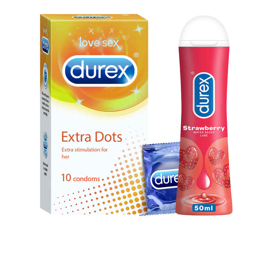 Durex Extra Dots Condom - Dotted Condoms (10pc) & Durex Lube - Strawberry - Flavoured Lubricant (50ml) Combo