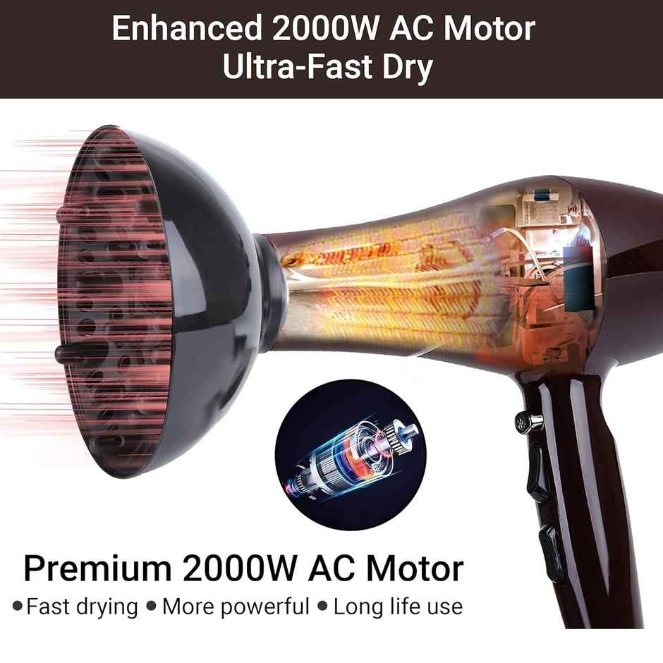AGARO 2000 Watts Professional Hair Dryer with AC Motor, Concentrator, Diffuser,Comb,Hot and Cold Air