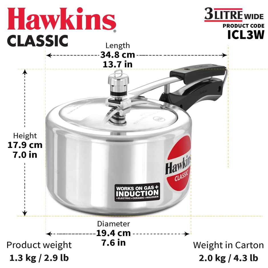 Hawkins 3 Litre Classic Pressure Cooker Induction Inner Lid Cooker - Silver