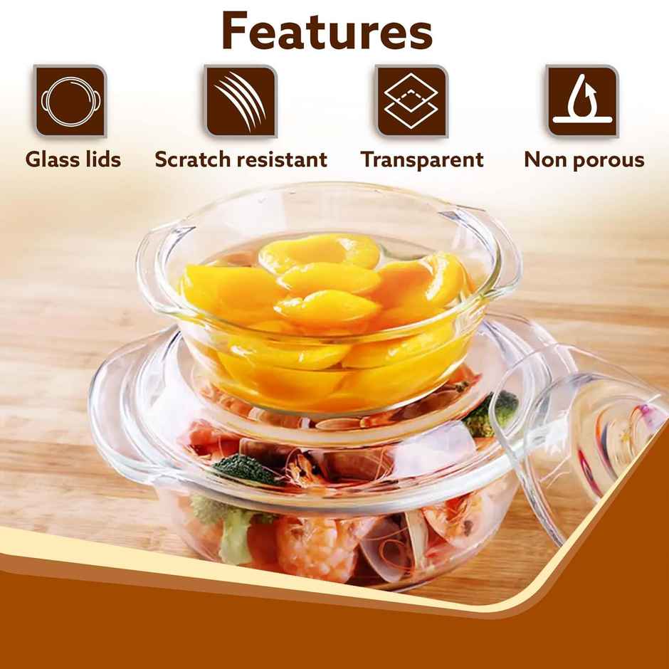 Agaro Elite Glass Casseroles With Lid, Set of 2, Borosilicate Glass,Serving Bowl, 700ml & 1000 ml