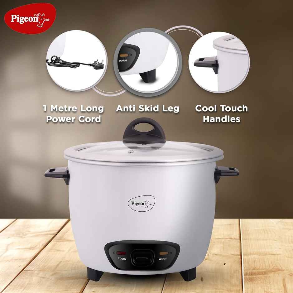 Pigeon  by Stovekraft Joy 400 Watts Rice Cooker, 1 litres, Toughened Glass Lid, Energy Efficient Cooking - White 