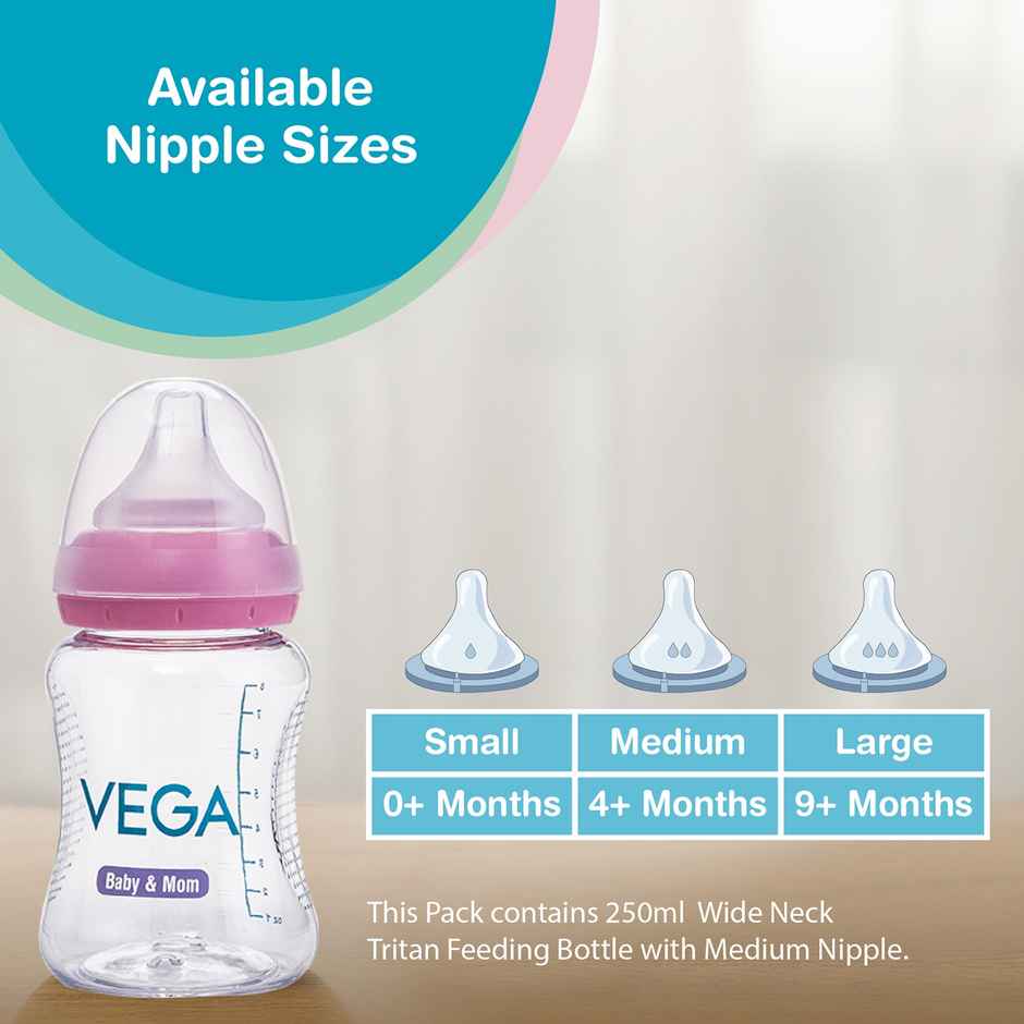Vega Baby & Mom Tritan Feeding Bottle | 250 ml | Wide Neck - Pink | Bpa-Bps Free | Vbfb4-02