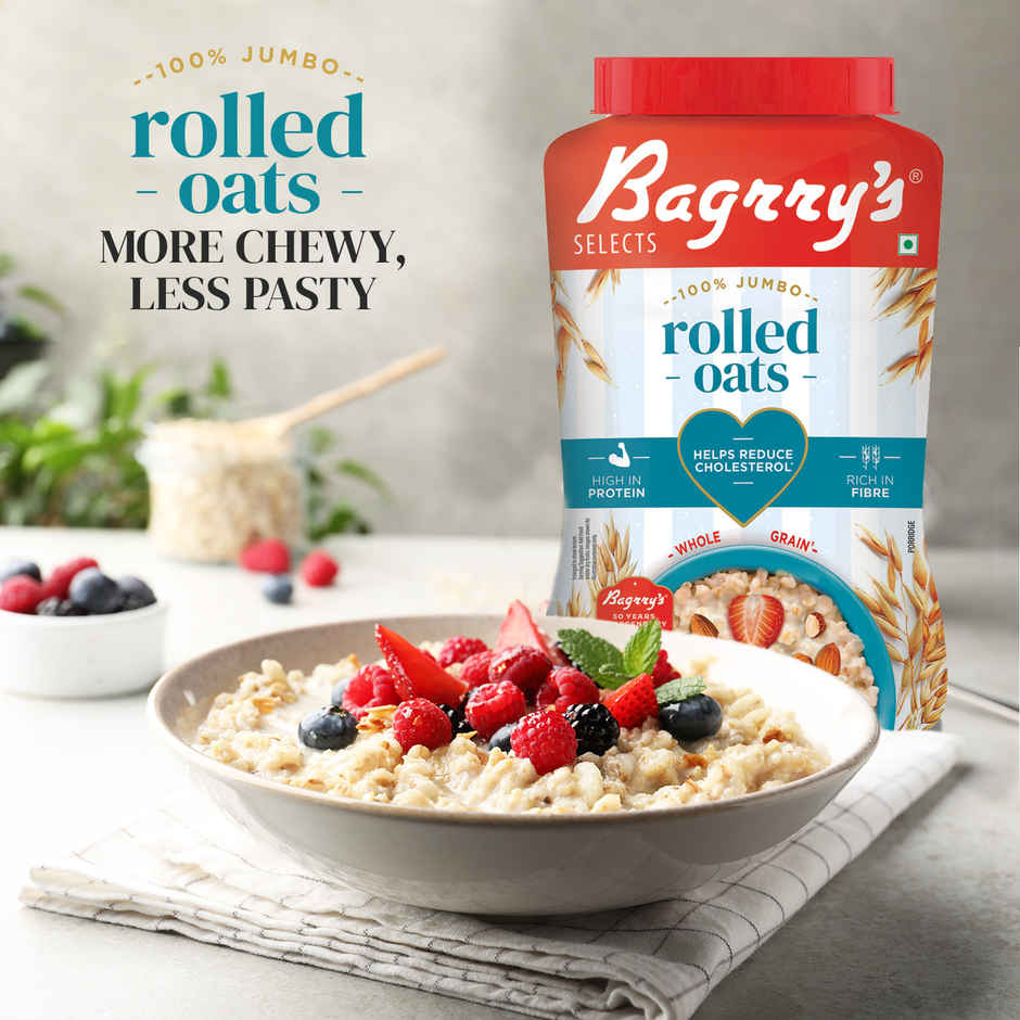 Bagrry's Rolled Oats Jar High Fibre Premium Rolled Oats Protein Rich Breakfast Cereal Wholegrain Breakfast