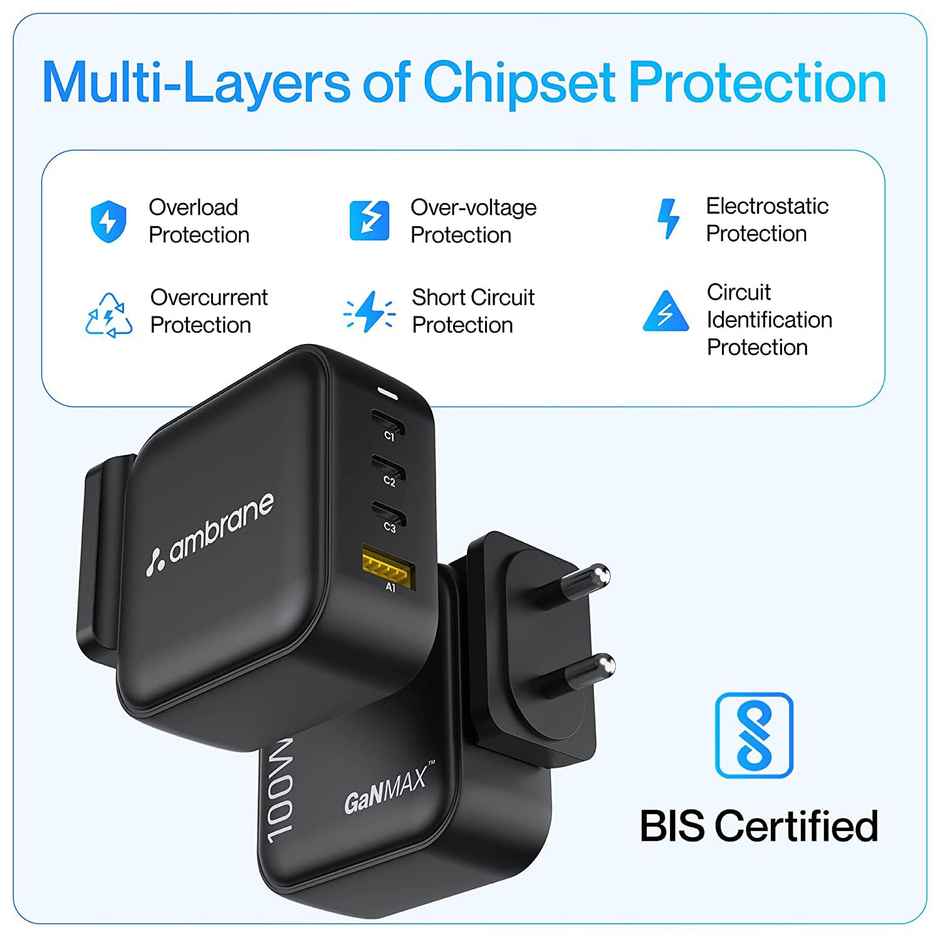 Ambrane 100W Charger Adapter | 4 Ports - 3 Type C & 1 Usb - Black