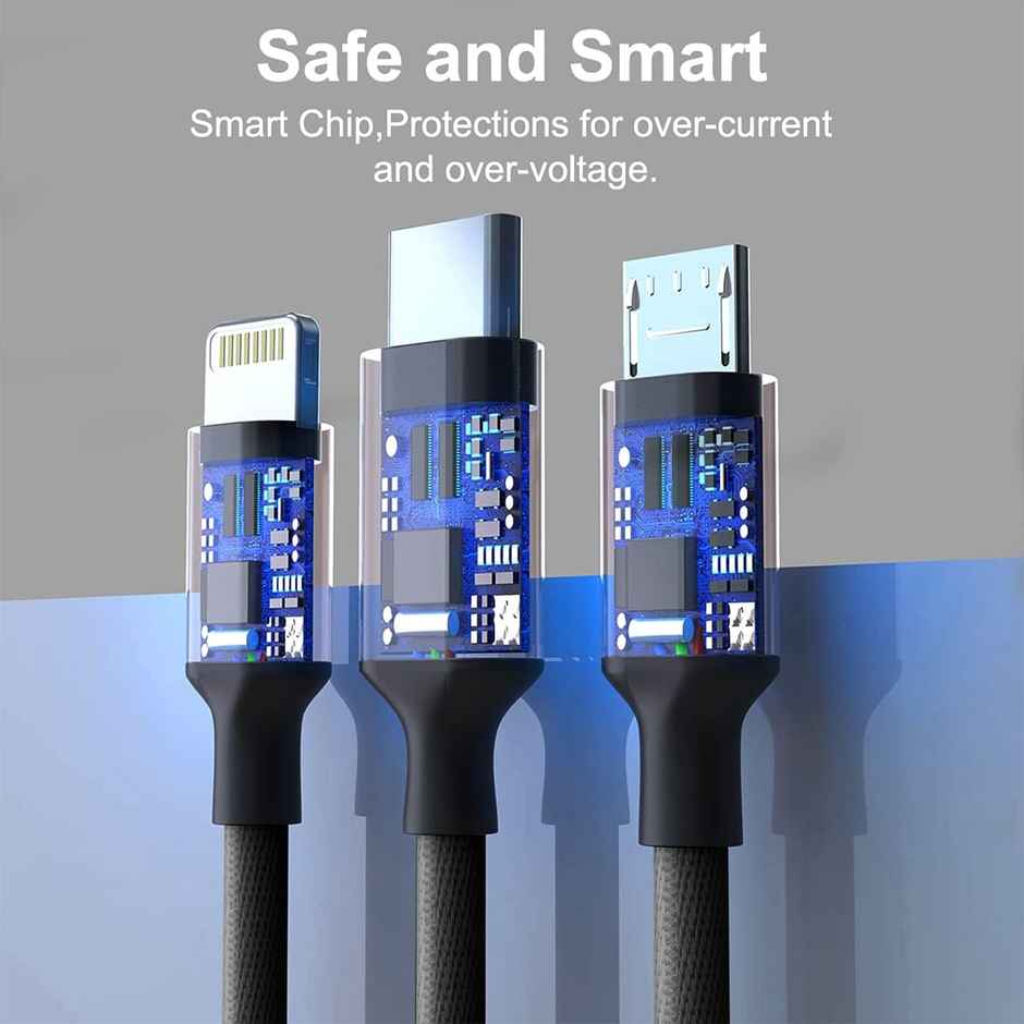 Bestor 3-in-1 Multi Charging Cable - Nylon Braided Fast Charging Cable for Android, iOS, Type-C Devices - Compatible with Smartphones & Tablets - Black