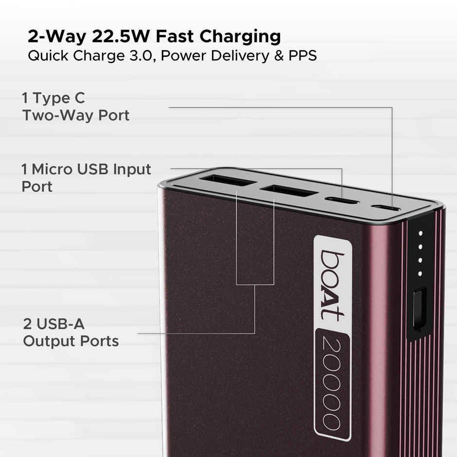 boAt (PB400) 20000 mAh Wired Power Bank w/ 2-Way 22.5W Fast Charging & Smart Power Managemen - Burgundy