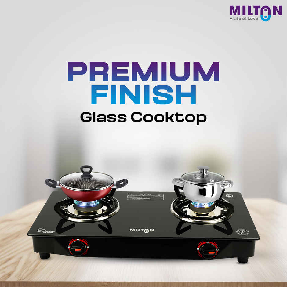 Milton Premium 2 Burner Black Manual Ignition LPG Glass Top Gas Stove, | ISI Certified