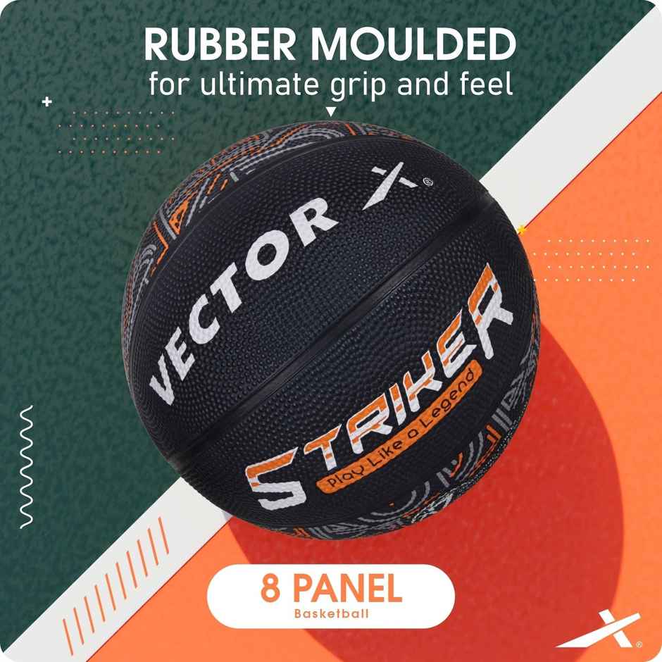 Vector X 8 Panel Striker Rubber Moulded BasketBall with Needle | Size - 7 | Black-Orange