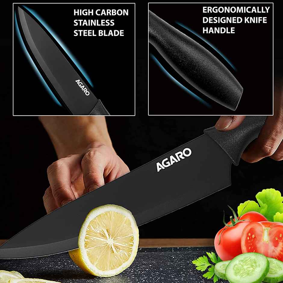 Agaro Royal 6 Pcs Kitchen Knife Set With Covers, High Carbon Stainless Steel Black Colour Coated